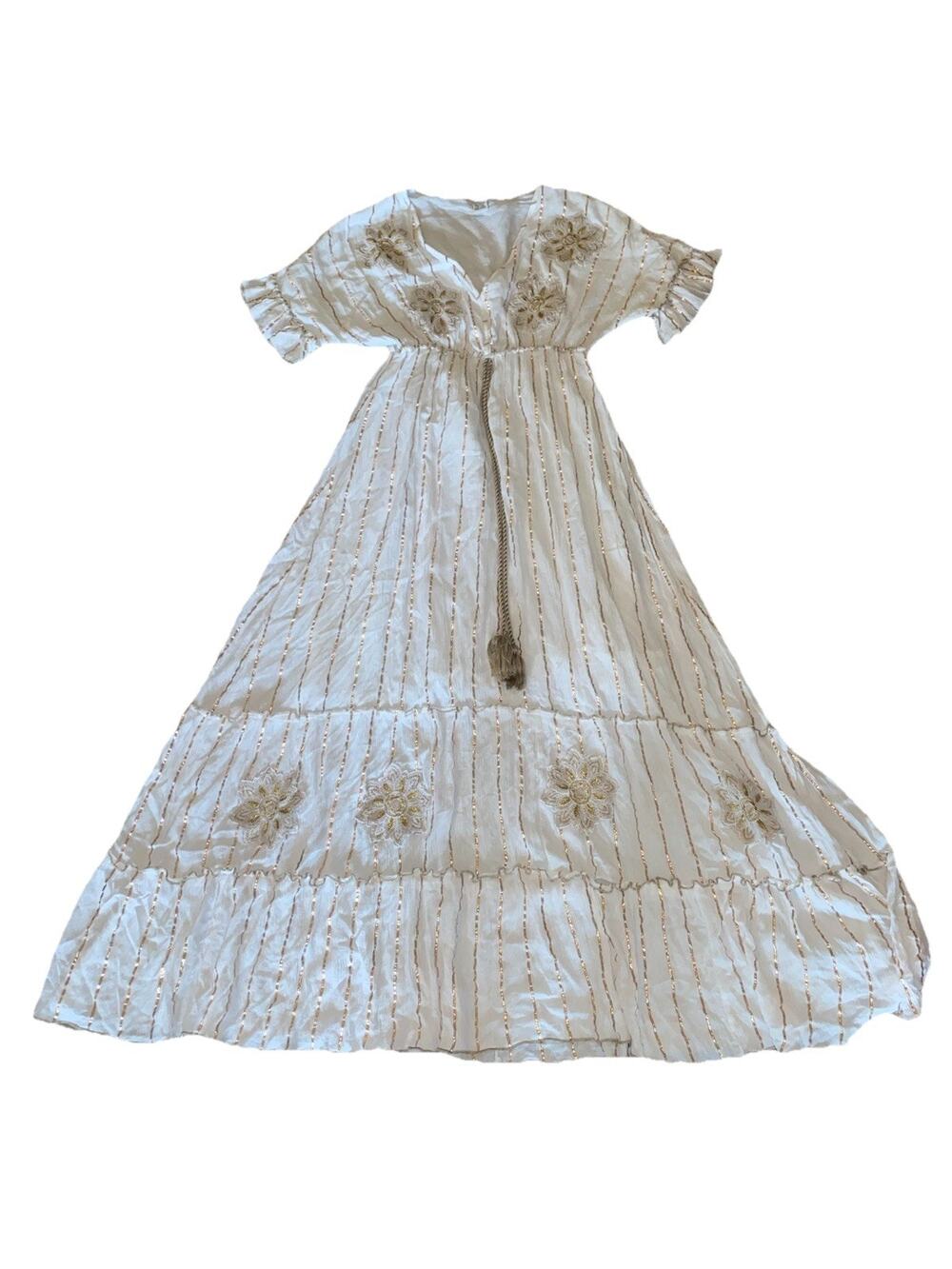 Zury Boho Maxi Dress Viscose Caftan white Gold for Free Size festival romantic